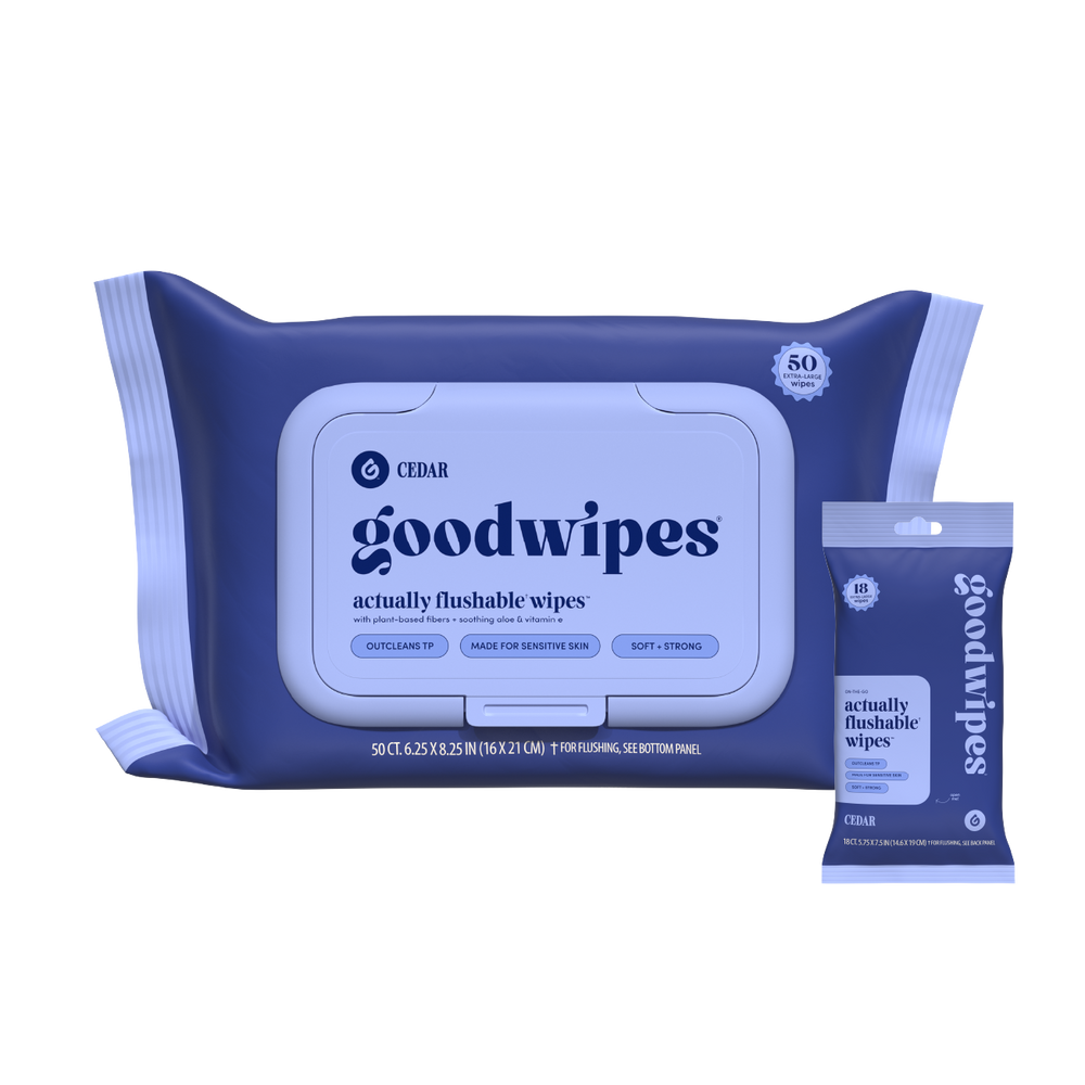 Goodwipes flushable wipes packaging on a white background