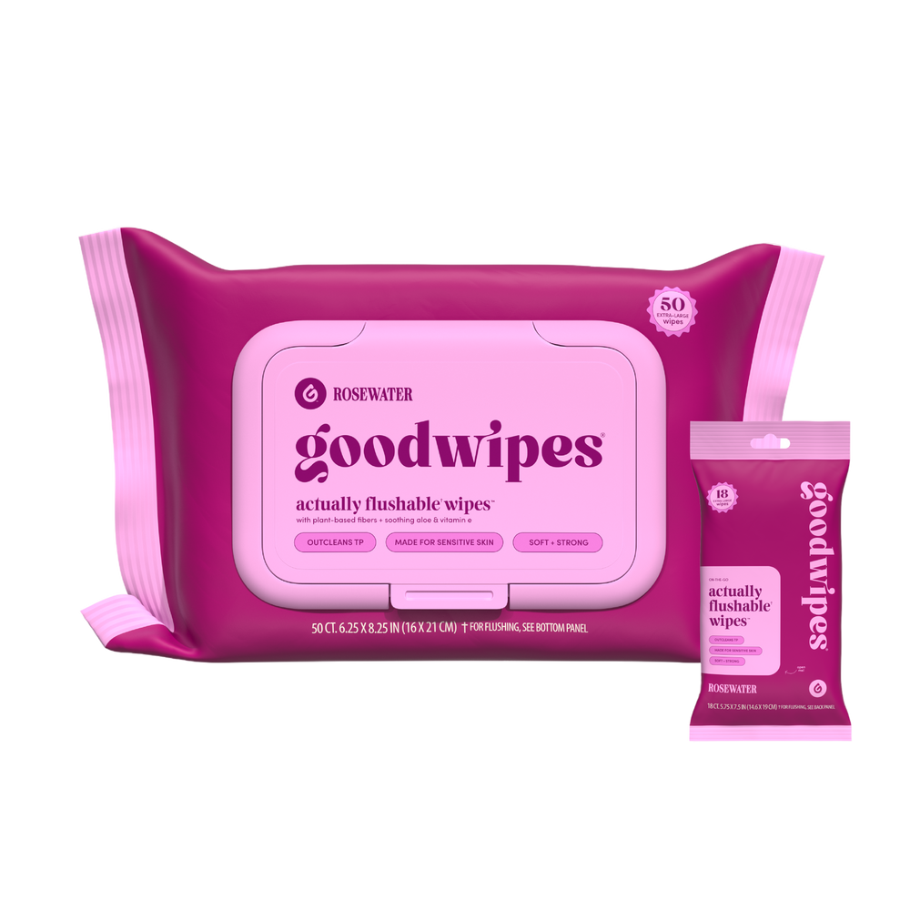 Goodwipes flushable wipes packaging on a white background