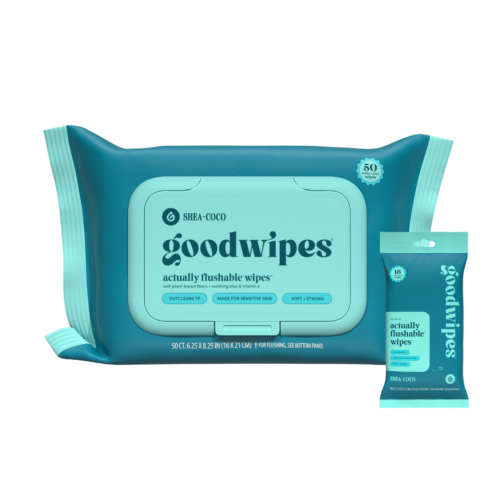 Goodwipes flushable wipes packaging on a white background